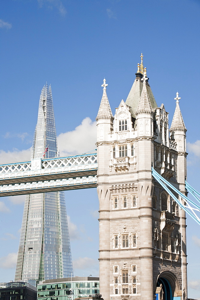 The Tower Bridge and the Shard, at 310m (over 1000 feet) the tallest building in Europe, London, England, United Kingdom, Europe