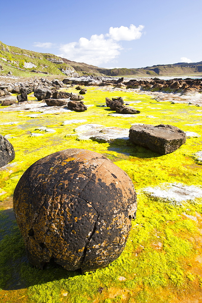 Rock formations and seaweed at the Bay of Laig at Cleadale on the Isle of Eigg, looking towards the Isle of Rhum, Scotland, United Kingdom, Europe