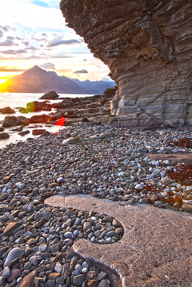 View from Elgol of the Cuillin Ridge at sunset, Isle of Skye, Scotland, United Kingdom, Europe