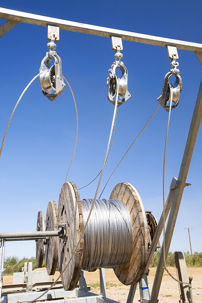 As the tar sands mines march ever further north, electricity has to be provided to the new production sites, Alberta, Canada, North America