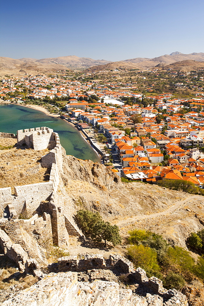 The walls of the ancient Byzantine Castle looking down on Myrina on Lemnos, Greek Islands, Greece, Europe