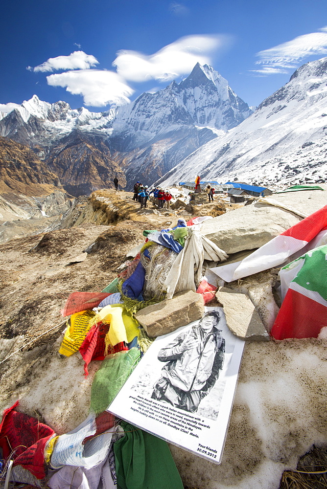 A memorial to Mario Merelli, an Italian climber killed on Annapurna, at Annapurna Base Camp at 4130 metres, Annapurna Sanctuary, Himalayas, Nepal, Asia