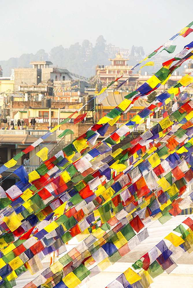 Prayer flags at the Boudhanath Stupa, one of the holiest Buddhist sites in Kathmandu, Nepal, Asia