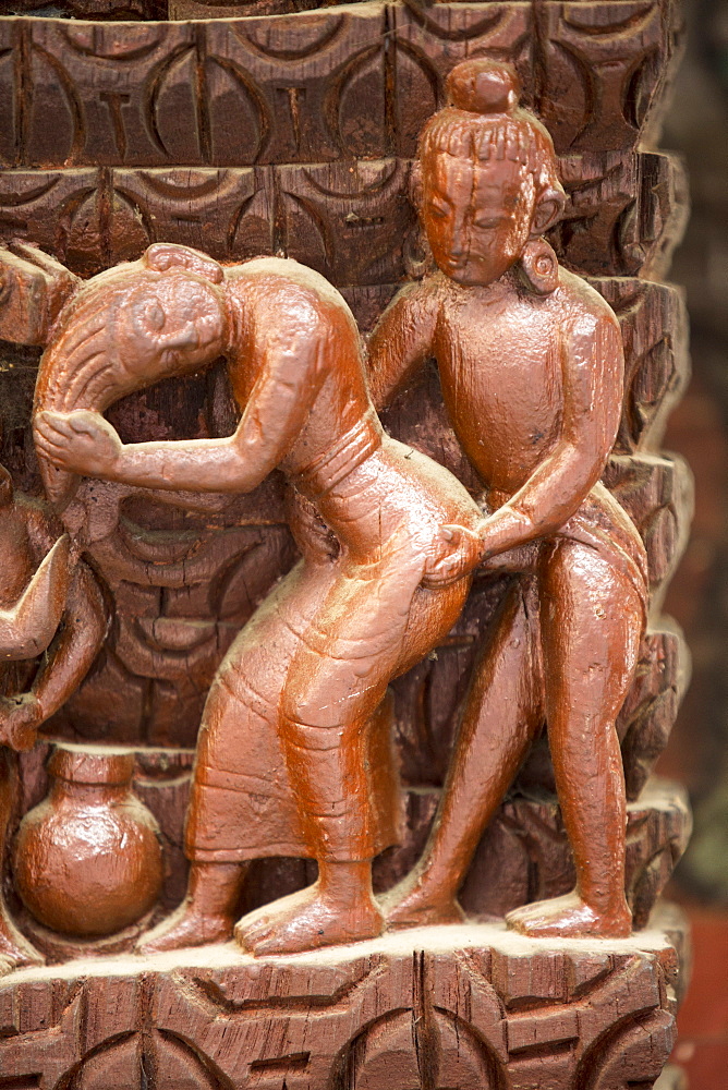 Ancient Kama Sutra wood carvings depicting sexual positions, Pashupatinath Temple, a Hindu temple dedicated to Lord Shiva, UNESCO World Heritage Site, Kathmandu, Nepal, Asia