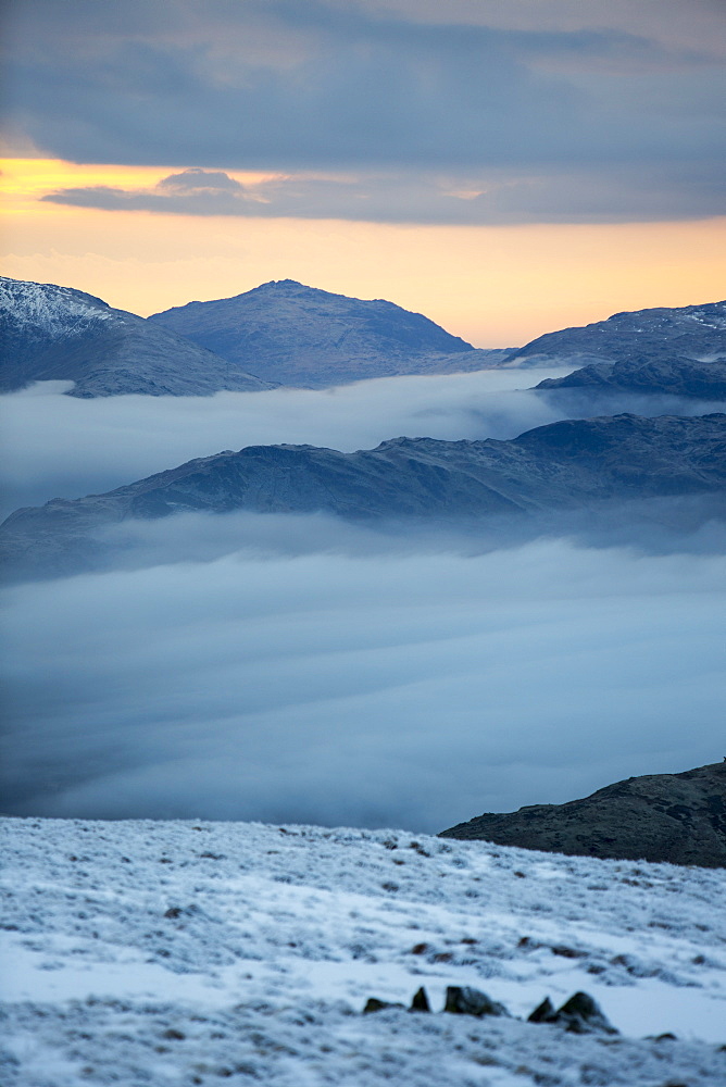 Red Screes above Ambleside with mist from a temperature inversion, looking towards Harter Fell, Lake District National Park, Cumbria, England, United Kingdom, Europe