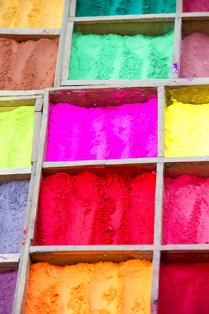 Colour dyes outside a shop in Kathmandu, Nepal, Asia