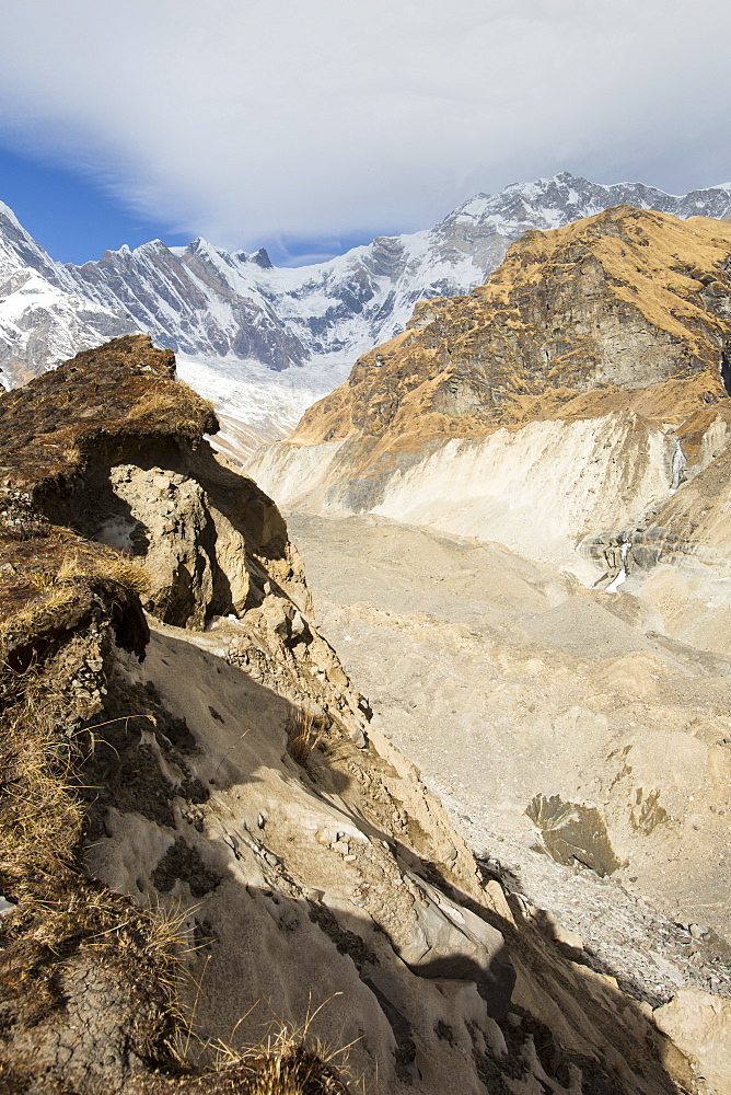 The rapidly retreating South Annapurna glacier in the Annapurna Sanctuary, Nepalese Himalayas, Nepal, Asia