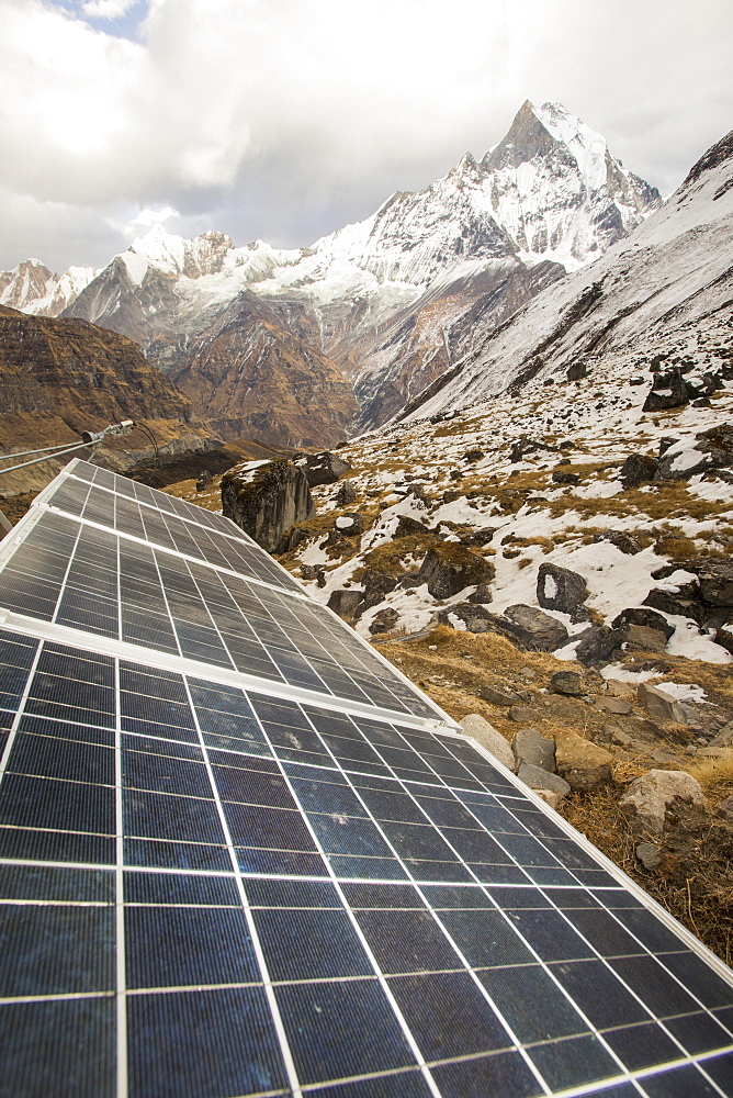 Solar photo voltaic panels powering a Guest house at Annapurna Base Camp in the Himalayas, Nepal, Asia