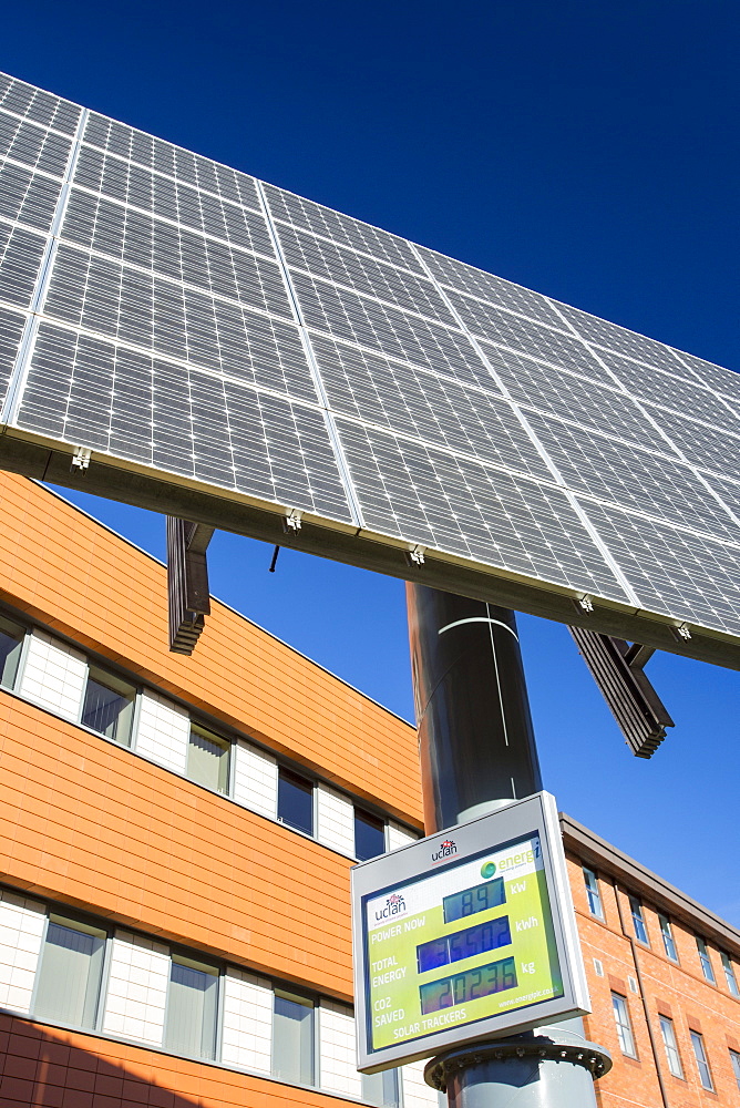 Tracking solar voltaic panels outside the University of Central Lancashire, Preston, Lancashire, England, United Kingdom, Europe