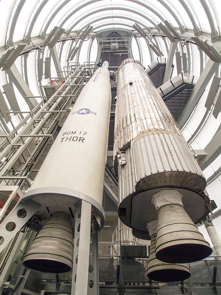 Blue Streak and Thor Able space rockets at the National Space Centre in Leicester, England, United Kingdom, Europe