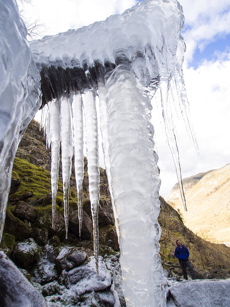 Ice formations on Taylor Gill Force waterfall, above Seathwaite in Borrowdale, Lake District National Park, Cumbria, England, United Kingdom, Europe