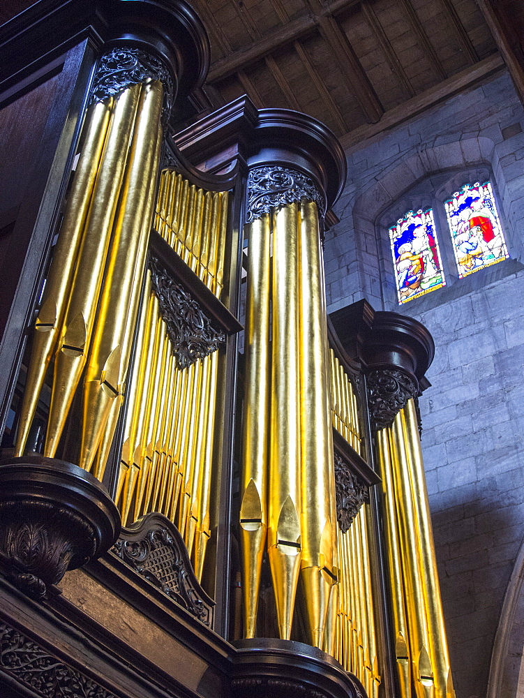 Church organ and stained glass windows in St. Laurence's Church in Ludlow, Shropshire, England, United Kingdom, Europe