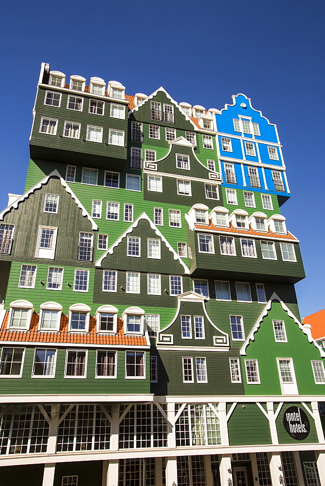 An ultra trendy, modern hotel in Zaanstadt, which is designed to look like the traditional house style of the area, Netherlands, Europe