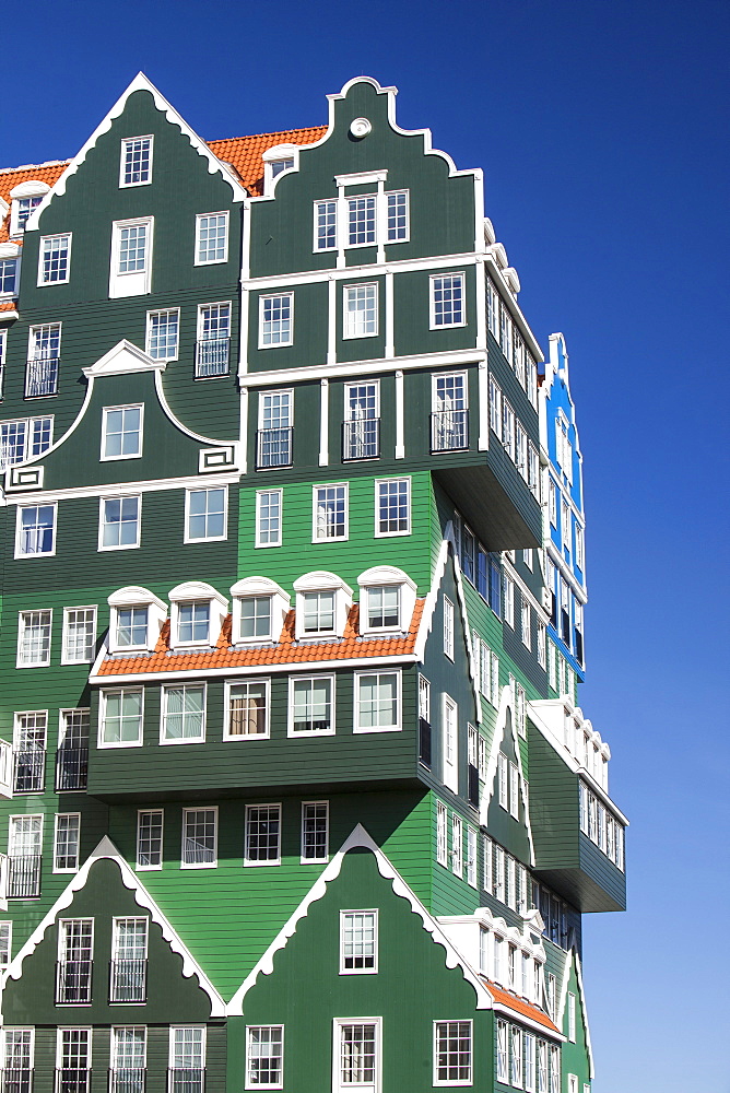 An ultra trendy, modern hotel in Zaanstadt, which is designed to look like the traditional house style of the area, Netherlands, Europe