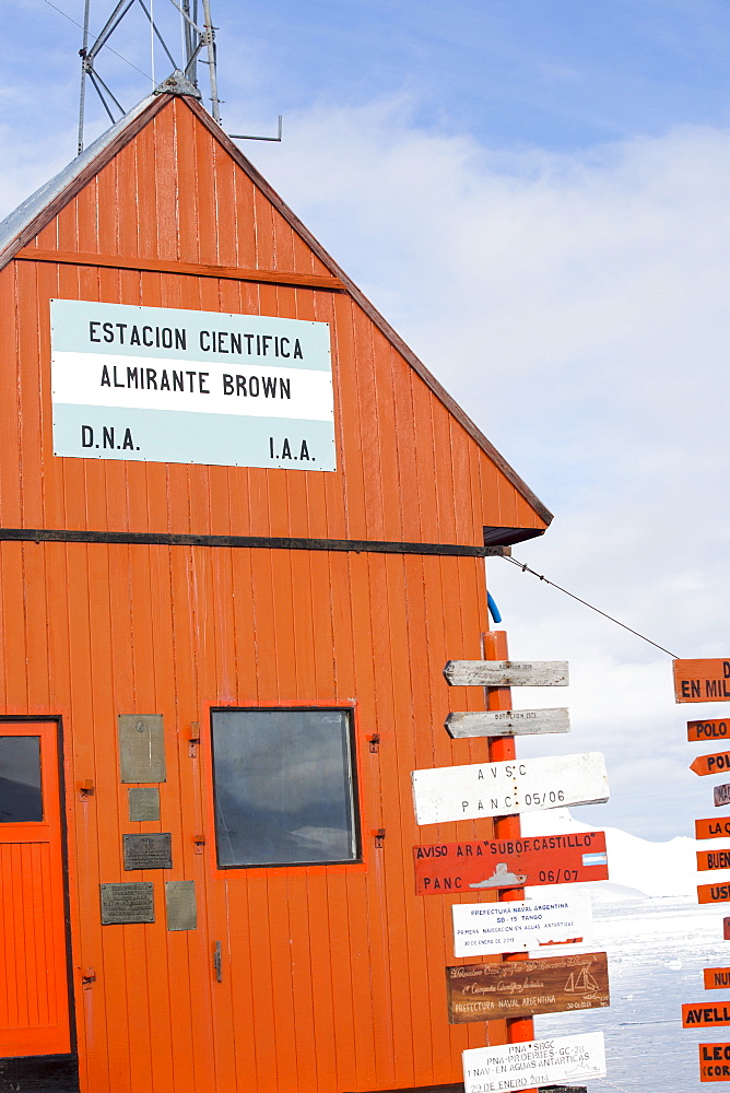 The Argentine antarctic research station Almirante Brown in stunning coastal scenery beneath Mount Walker in Paradise Bay off Graham Land on the Antarctic Peninsular. the Peninsular is one of the most rapidly warming places on the planet.