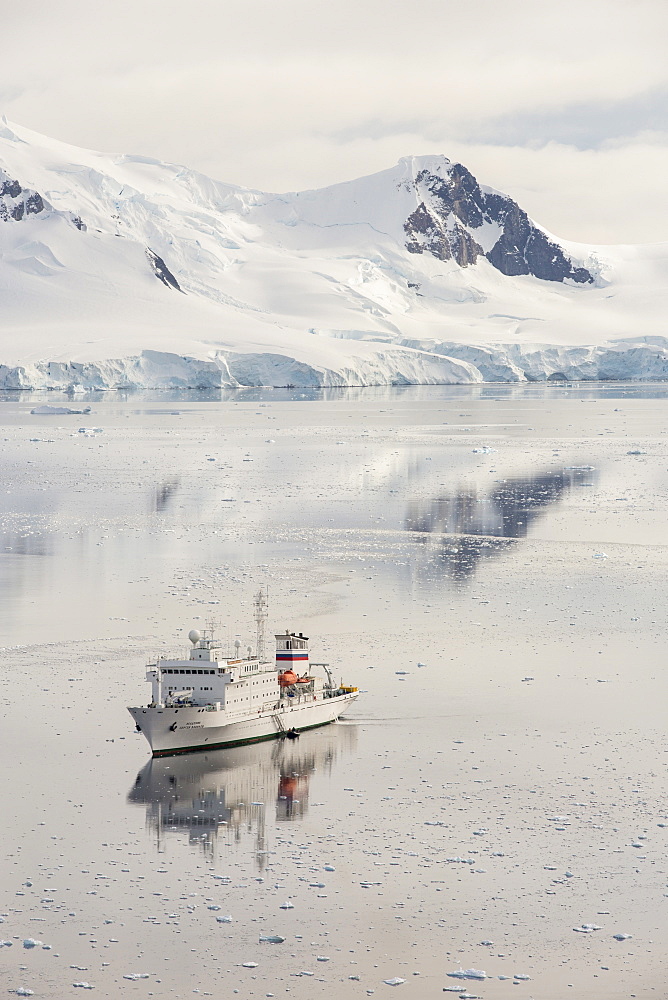 The Akademik Sergey Vavilov, an ice strengthened ship on an expedition cruise to Antarctica, in Paradise Bay in the Antarctic Peninsular, which is one of the fastest warming places on the planet.