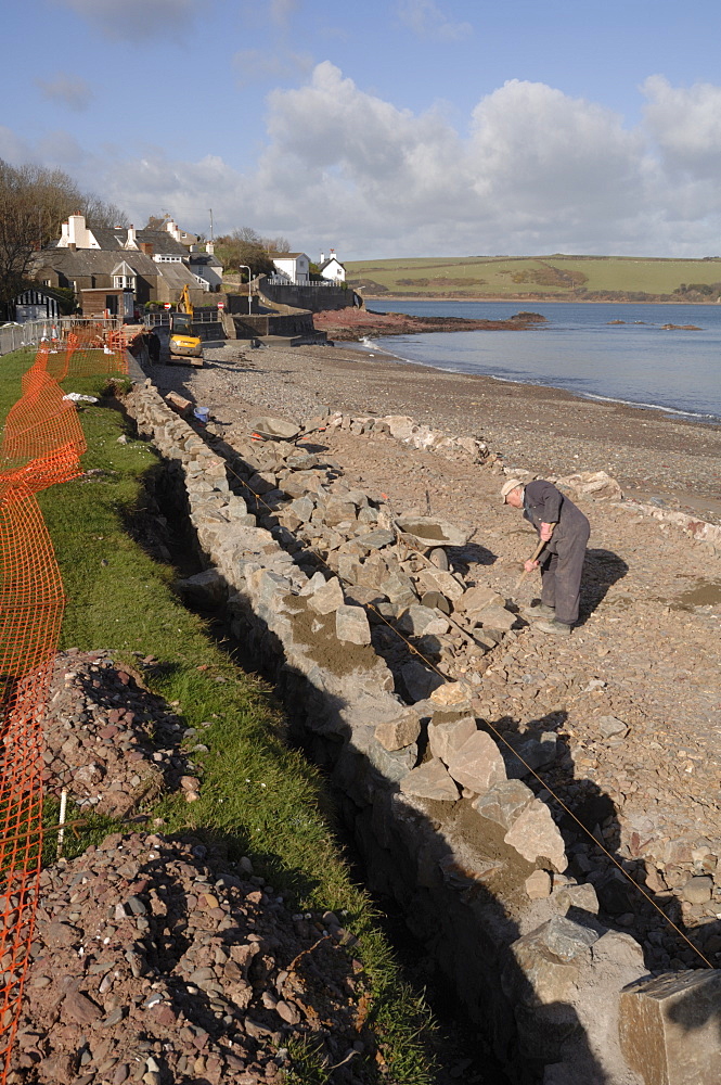 Sea wall construction, Dale, Pembrokeshire, Wales, UK, Europe