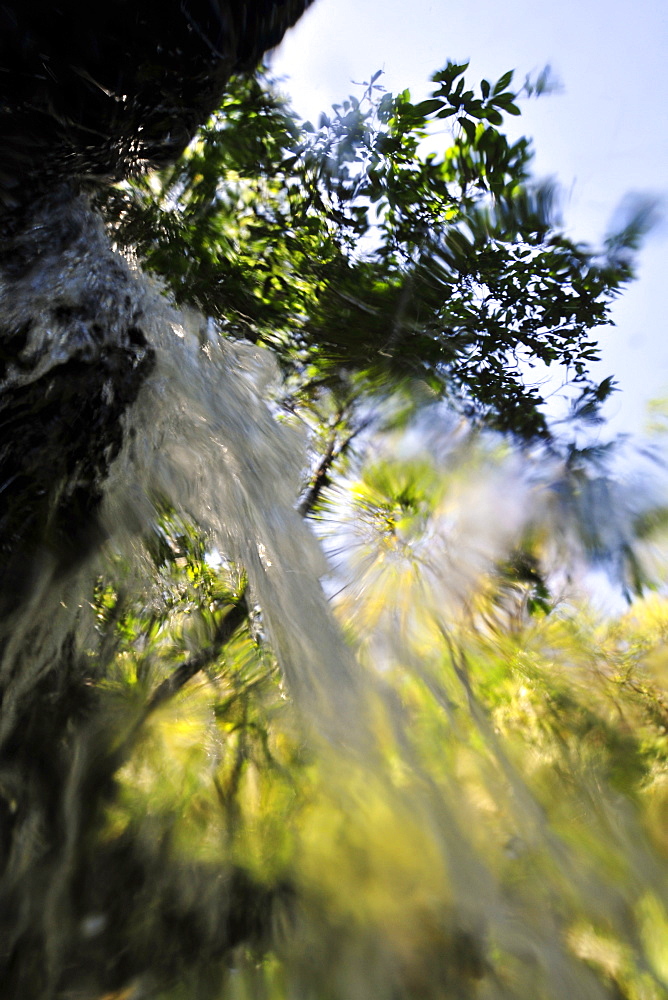 View underneath a waterfall, Mimoso River, Estancia Mimosa, Bonito, Mato Grosso do Sul, Brazil, South America