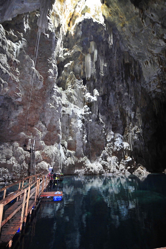 Rapel landing platform at Anhumas Abyss, Bonito, Mato Grosso do Sul, Brazil, South America