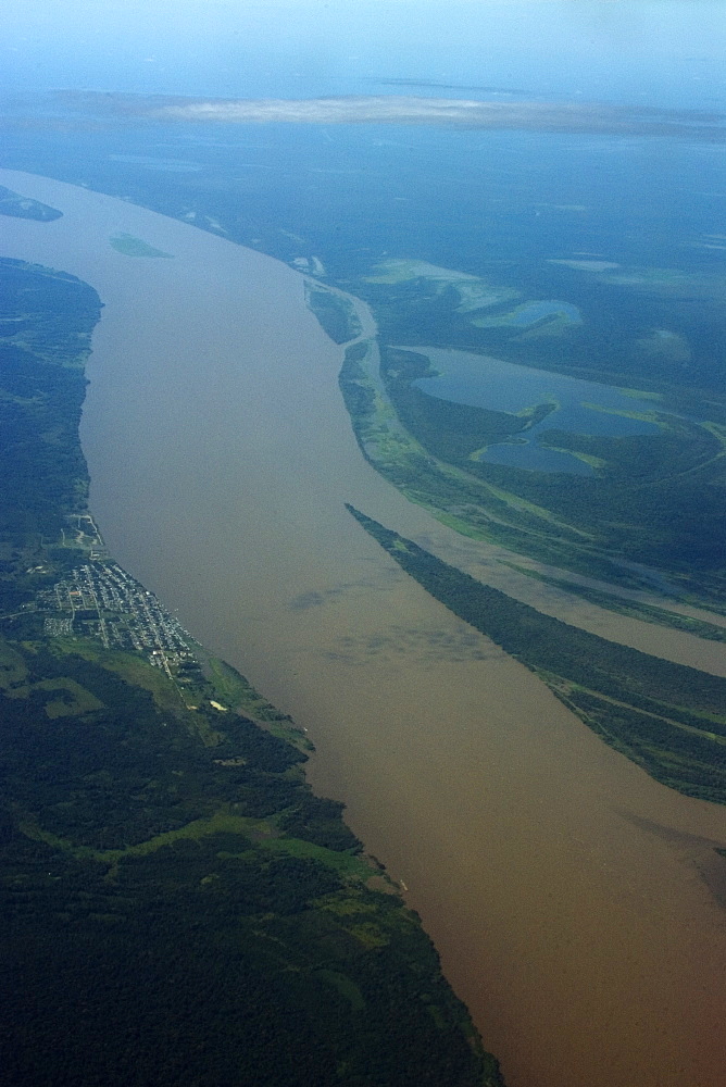 Aerial view of flooded tropical rain forest and Solimoes River, Amazonas, Brazil, South America