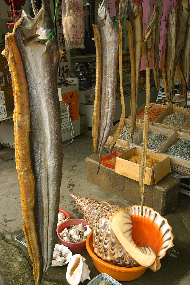 Dried moray eels and shells for sale at Nanfangao fish market, Suao, Taiwan, Asia