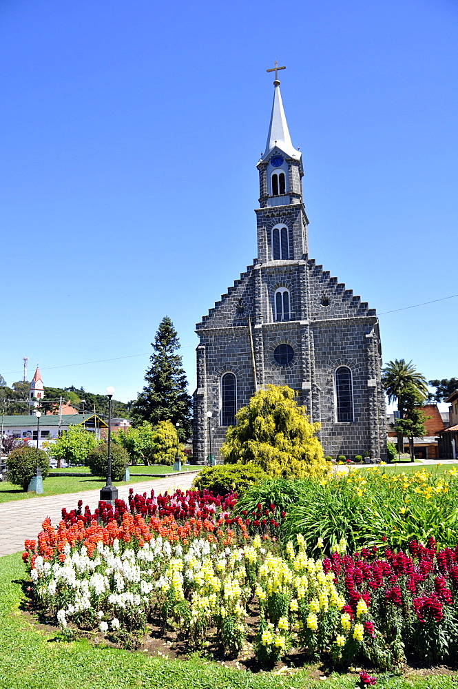 Matriz de So Pedro church and flower garden, Brazil, South America