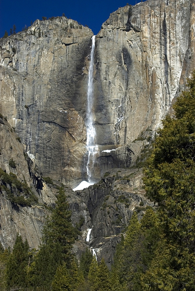 Upper Yosemite Falls with snow on the bottom, Yosemite National Park, UNESCO World Heritage Site, California, United States of America, North America