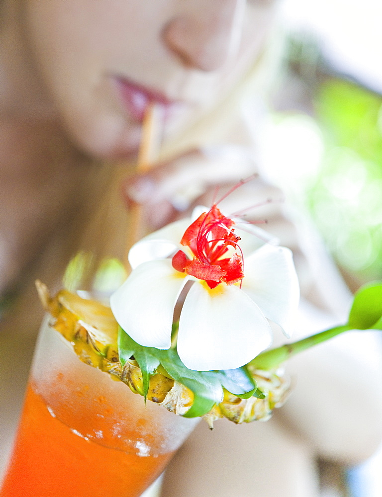 Morning Mist Resort, female, drinking, Cocktail, tropical flower, Khao Sok National Park.   Surat Thani, Thailand, South-East Asia, Asia