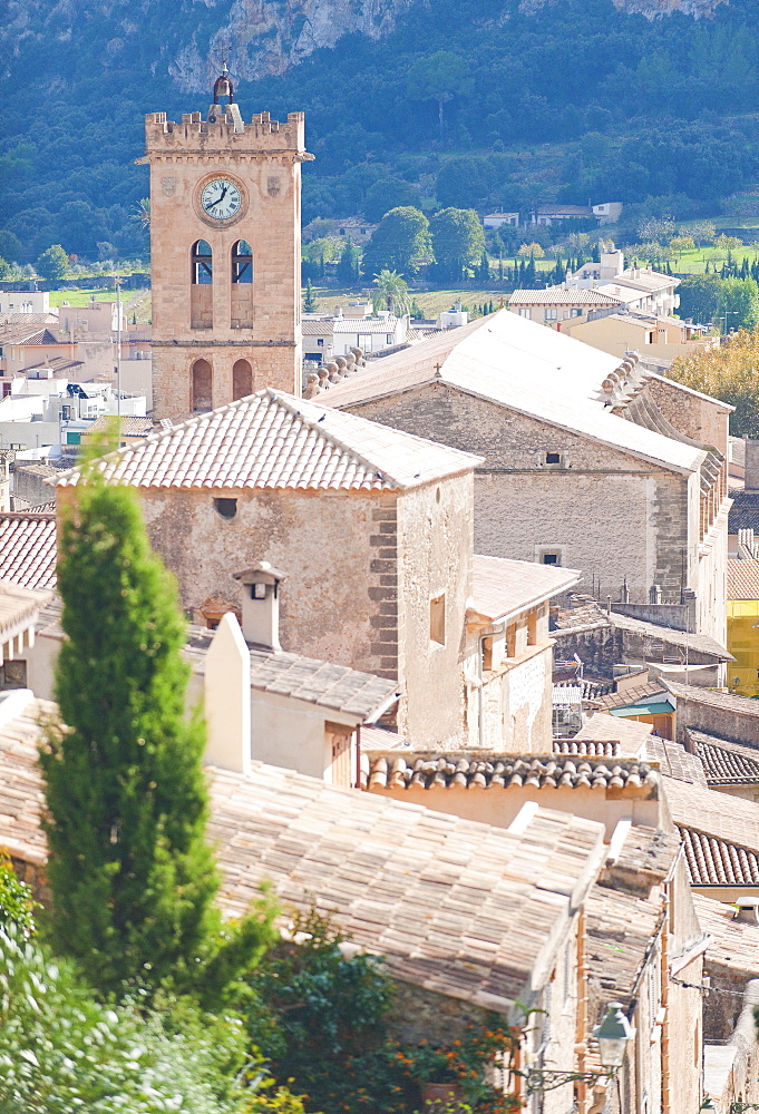 13th century church EsglÂŠsia de Nostra Senyora dels Â·ngels (Our Lady of the Angels). Taken from the Calary steps Pollenca, Tramuntana, Mallorca, Spain, Europe