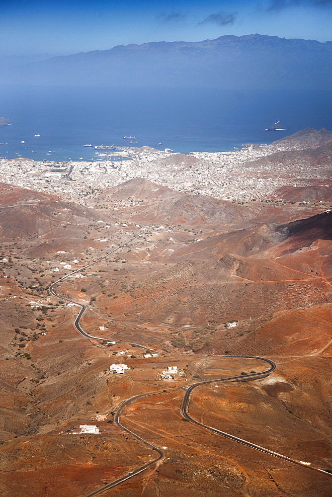 04/04/2009. Cape Verde, Cabo Verde, São Vicente, Mindelo,  Monte VerdeSao Pedro, View from Monte Verde towards Praia Grande, volcanic formations. Mindelo, Mt Verde, Sao Vicente Island. Cape Verde Islands