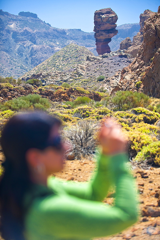 08/04/2009. Spain, España, Canary Islands, Canarias, Tenerife, Los Roques de Garcia and Mount Teide. Volcanic landscape and rock formation with people. . Santa Cruz, Teide National Park, Tenerife Island. Canary Islands