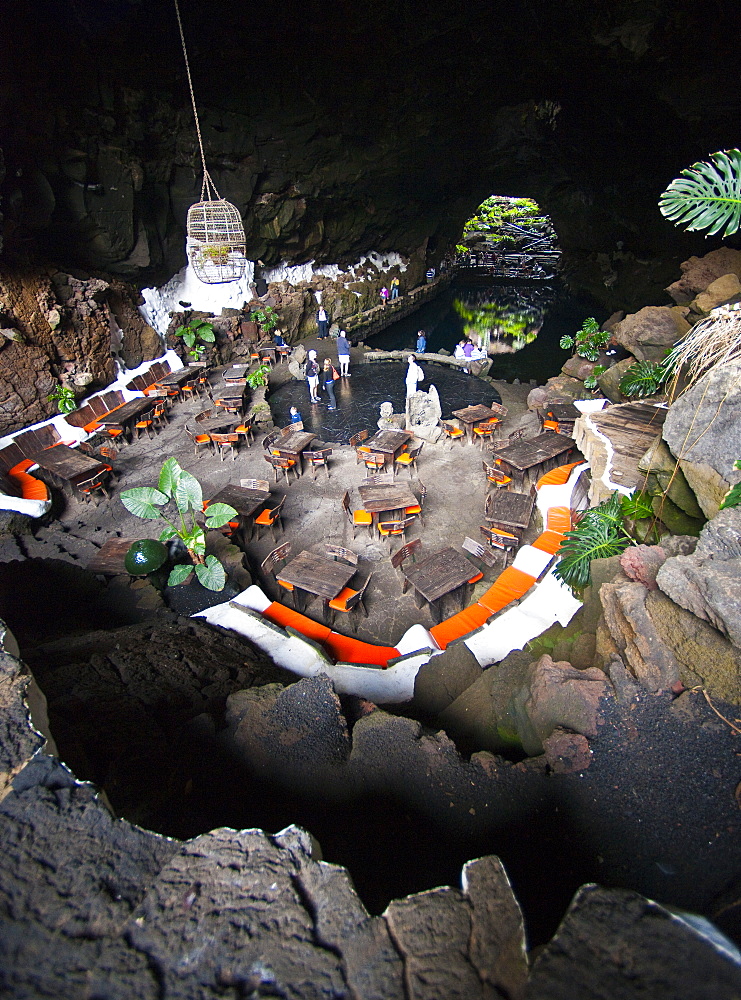 Spain, Lanzarote, Canary Islands, Jameos del Agua , volcanic cave, Cesar Manrique Site of interest, bar, restaurant, caffe. Arrecife, Jameos Del Agua, Lanzarote. Canary Islands