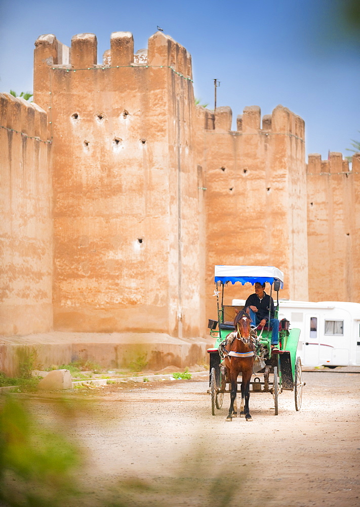 10/04/2009. Moroco, Agadir, Taroudant, Palace Salam, horse and cart, palace wals, fortification. Taroudant, City Center, Agadir. Morocco