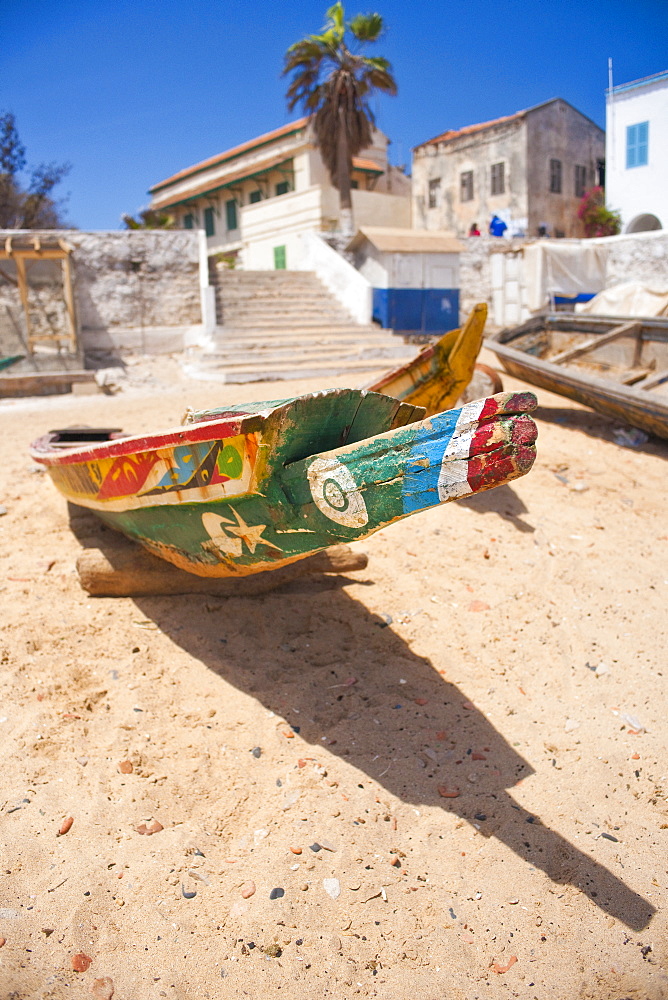 02/04/2009. Senegal, Dakar, Island of Goree, the beach, Unesco World Heritage, The island of Goree was a traditional slaving and trading port, by the colonial powers of Europe, It is a small town of historic houses, with a fort and a protected harbour for trading, traditional boat. Dakar, Goree Islnad , Cape Verde Peninsula. Senegal