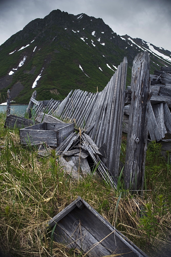 Abandoned Herring fishing settlement, tsunami damage, building debris, Yuzhnaya Glybokaya Bay (Bering Sea) Russia, Asia