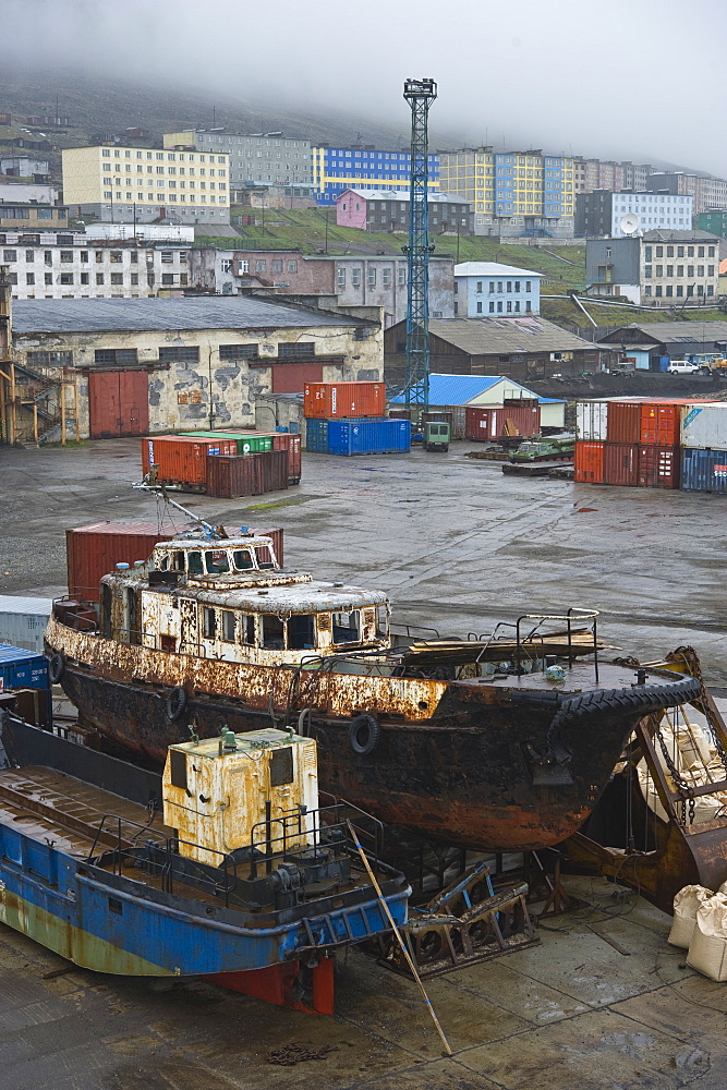 Port of Provideniya. harbour side looking to the city center, City of Provideniya (Chukotskiy Peninsular ) Russia,  Asia