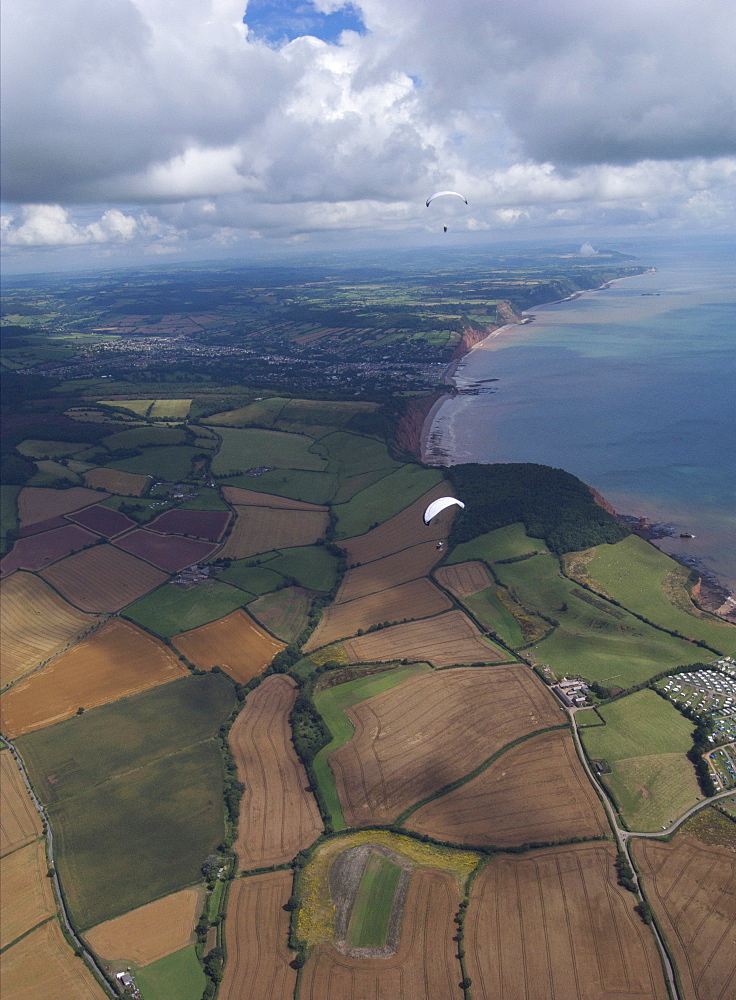 Paramotoring  over Devon looking over Sidmouth. Devon Uk