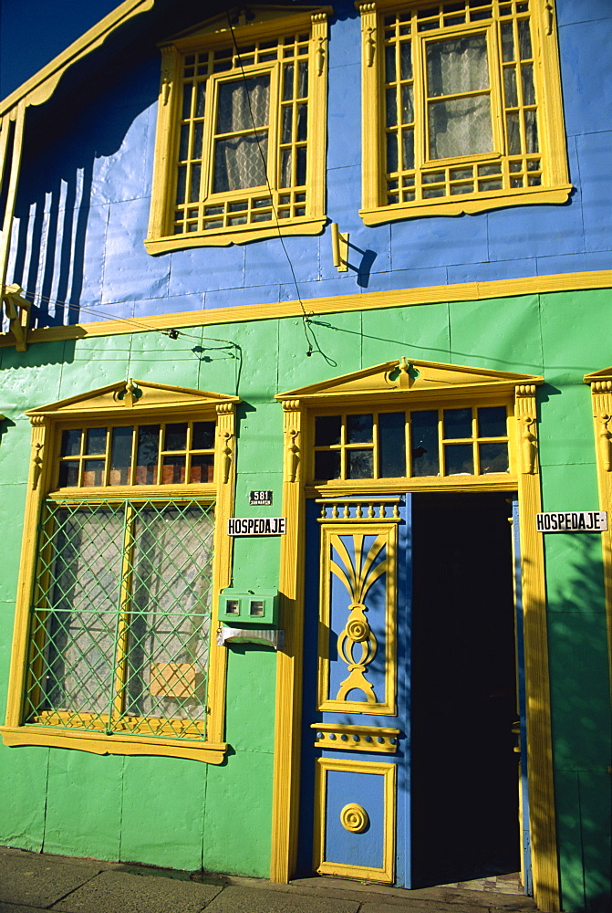 Detail of painted building facade, Castro, Chiloe Island, Chile, South America