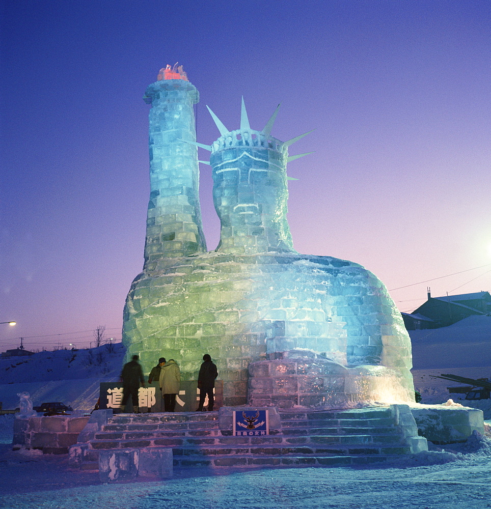 An ice sculpture of the Statue of Liberty during the Snow Festival in Japan, Asia