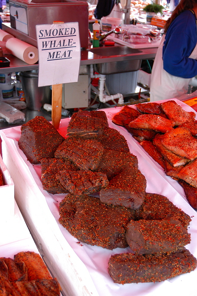 Smoked whale meat on sale in fish market, Bergen, Norway   (RR)