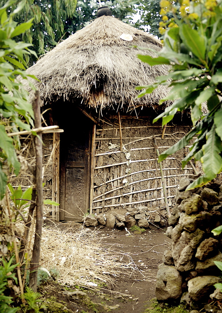 A mud Hut in Volcanoes National park.  Typical dwelling for the people who live in the mountains of Rwanda. Volcanoes National Park, Virunga mountains, Rwanda, East Africa