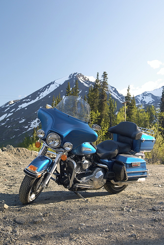 Blue Harley Davidson tourer parked up by trees and mountains in evening sunshine, Alaskan Interior. The Interior, Alaska, USA