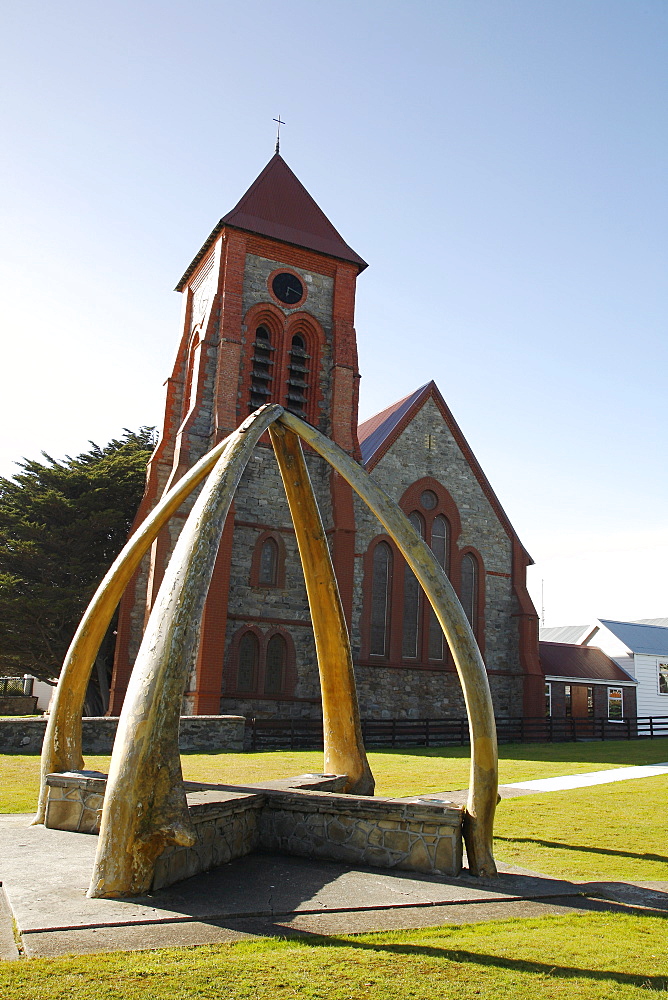 Blue whale jawbones (mandibles) create an arch in the park in Port Stanley on East Falkland Island in the Falkland Islands Group, South Atlantic Ocean.