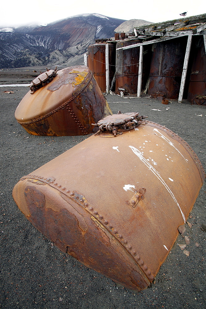 The old Norwegian whaling station at Whaler's Cove, Deception Island. The station ran from 1904 through 1931. Shown here are the old steam tanks used for rendering.