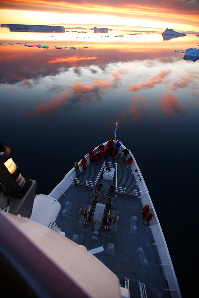 A view from the crow's nest of tNational Geographic Endeavourat sunset in the Weddell Sea, Antarctica.