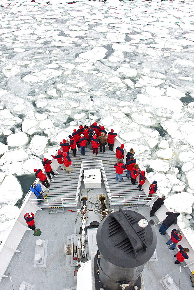 A view from the crows nest of the Lindblad expedition ship National Geographic Endeavour operating in Port Foster, Deception Island, South Shetland Island Group, Antarctica