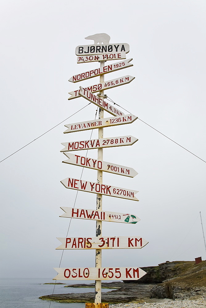 The directions sign just outside of the radio station on northern Bear Island   in the Svalbard Archipeligo.