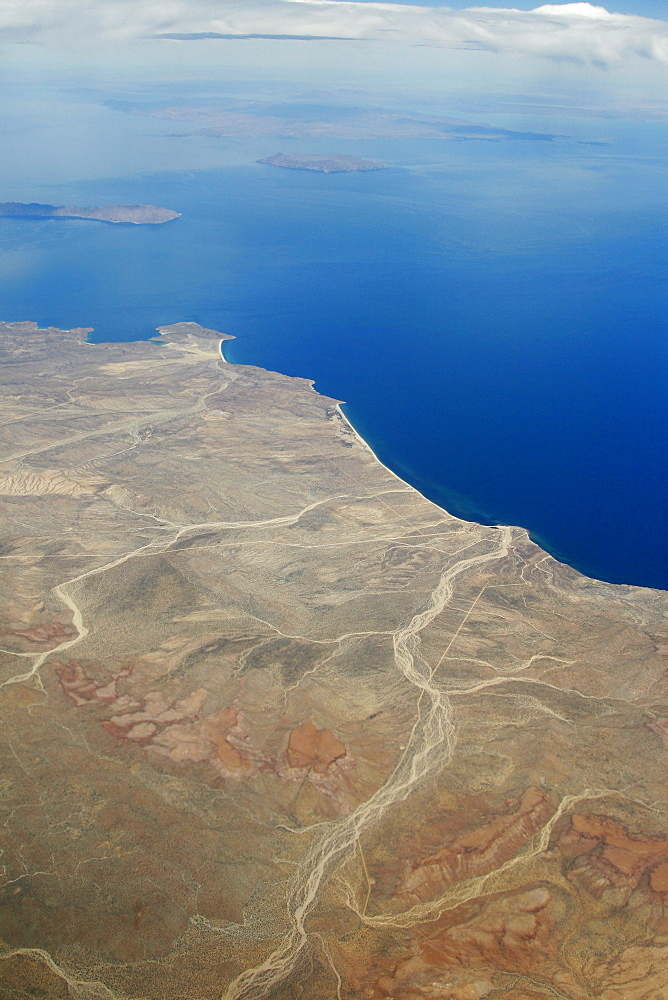 An aerial view of the Midriff region off the Baja Peninsula on the Gulf of California (Sea of Cortez) side. Baja California, Mexico