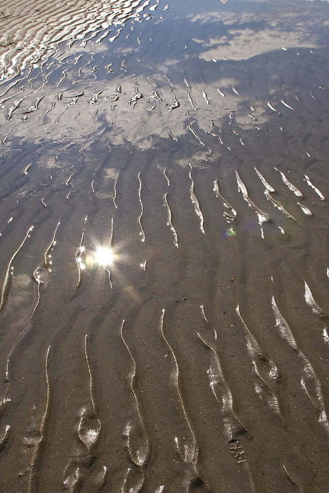 Sunlight on the sandy beaches of Sorsandfjorden on Soroya Island, mainland Norway.