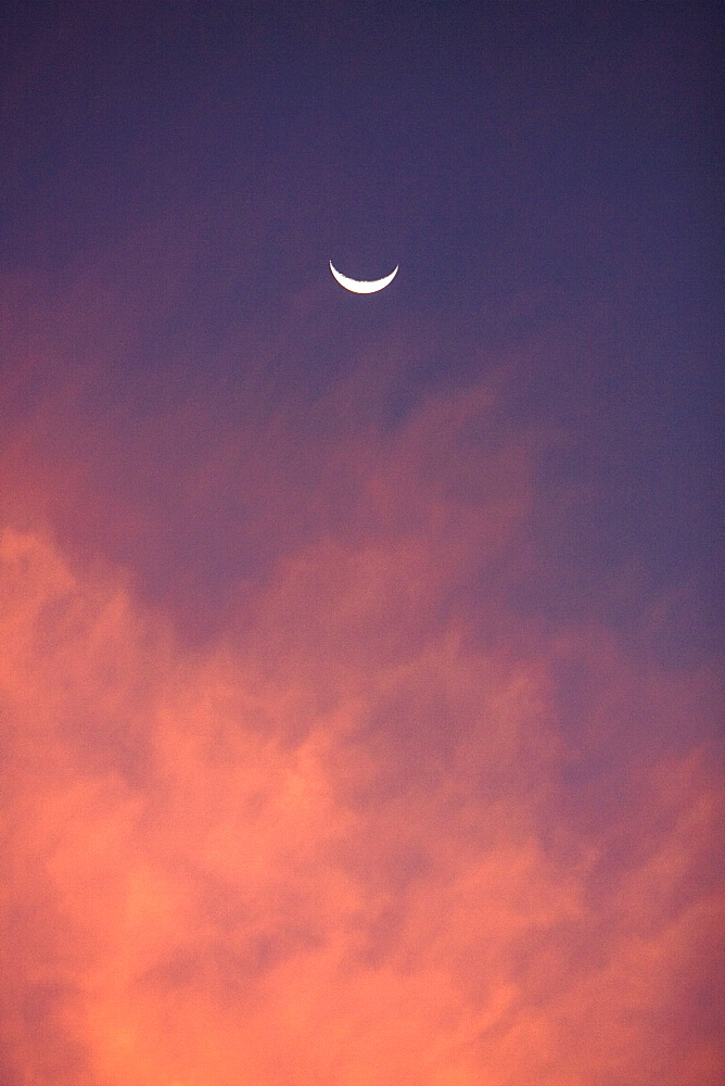 Crescent moon setting over a Baja Sunset, Baja California Sur, Mexico.